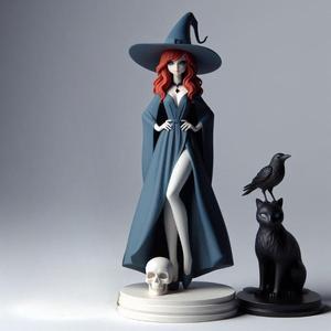 745 Red-Haired Witch with Cat and Raven - Full-Color 3D Model, fantasy, sculpture, animal, statue, creature, magic, collectible, wood, sword, base, warrior, wild, lion, dragon, dnd, cat, monster hunter, monster