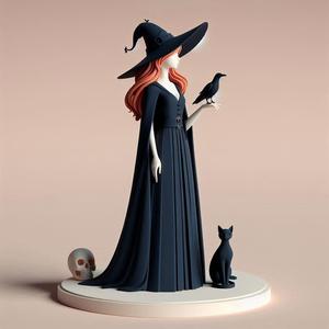 729 Red-Haired Witch with Cat and Raven - Full-Color 3D Model, magic, creature, sculpture, fantasy, wood, base, sword, warrior, wild, dragon, dnd, cat, monster, dog, godzilla, fair, totem, witch, werewolf