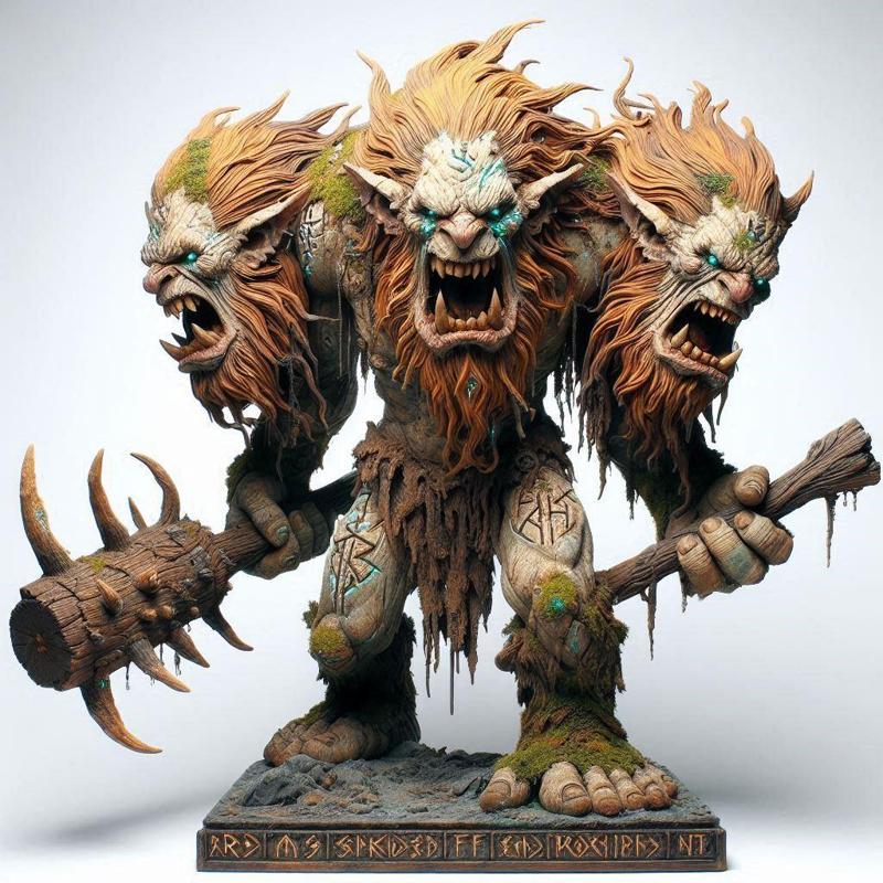 684 Three-Headed Troll - 3D-Printed Fantasy Statue with Club, character, sculpture, statue, creature, low poly, collectible, wood, sword, base, warrior, wild, dog, dragon, dnd, cat, monster hunter, monster, totem, totemic