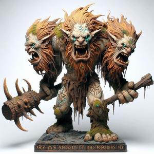684 Three-Headed Troll - 3D-Printed Fantasy Statue with Club, character, sculpture, statue, creature, low poly, collectible, wood, sword, base, warrior, wild, dog, dragon, dnd, cat, monster hunter, monster, totem, totemic