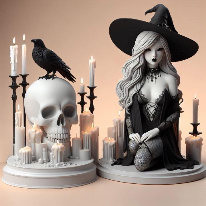834 Elegant Witch with Candles, Raven and Skull - Full-Body Figurine, magic, creature, fantasy, wood, base, sword, warrior, wild, cat, monster, dog, godzilla, fair, witch, werewolf, horror, beast, gothic, troll