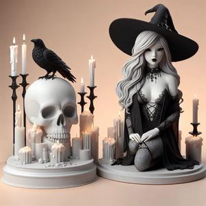 834 Elegant Witch with Candles, Raven and Skull - Full-Body Figurine, magic, creature, fantasy, wood, base, sword, warrior, wild, cat, monster, dog, godzilla, fair, witch, werewolf, horror, beast, gothic, troll