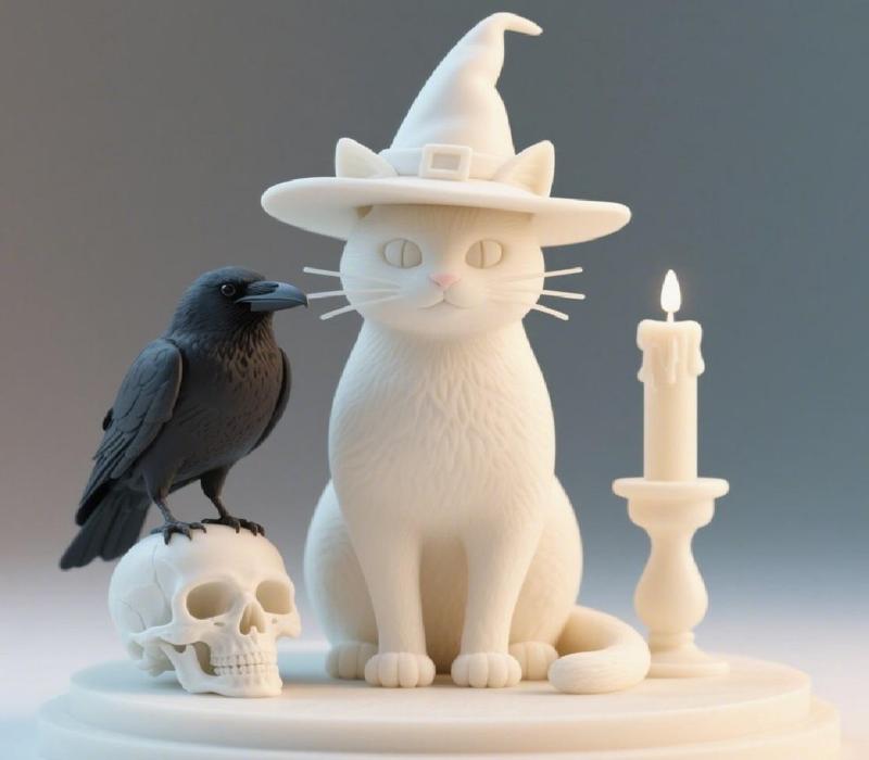 065 Witch Cat Composition - Skull, Raven & Candleholder on Shared Ivory Base, fantasy, art, sculpture, model, animal, 3d model, statue, creature, magic, 3d print, collectible, cat, bear, witch, dinosaur, wooden