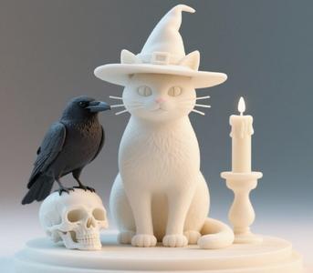 065 Witch Cat Composition - Skull, Raven & Candleholder on Shared Ivory Base, fantasy, art, sculpture, model, animal, 3d model, statue, creature, magic, 3d print, collectible, cat, bear, witch, dinosaur, wooden
