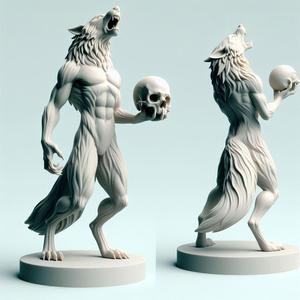 427 Ivory Werewolf Howling with Skull - Minimalist Statue, statue, magic, creature, dinosaur, sculpture, troll, monkey, witch, werewolf, pug, serpent, dragon, dnd, cat, monster hunter, dog, totem