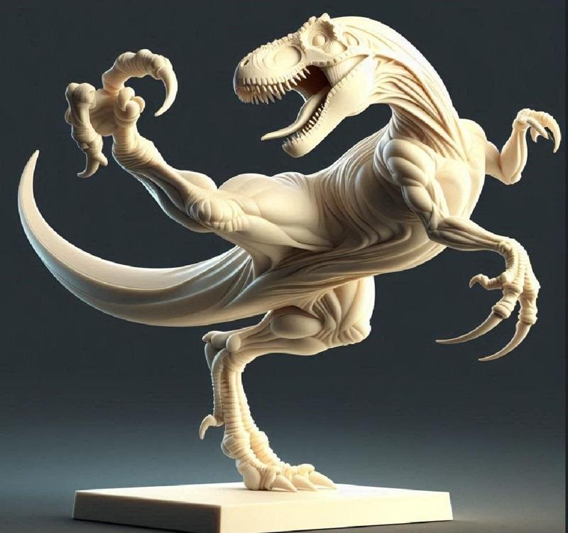 207 Minimalist Fighting Raptor - Ivory-Style Dinosaur in Combat Stance