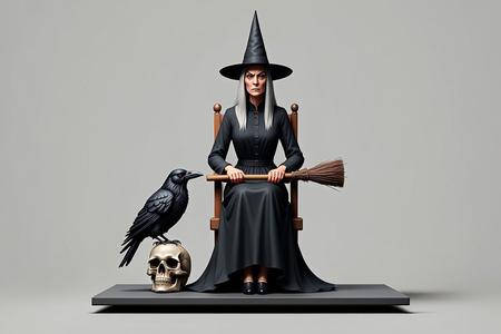 1384 Witch with Broom, Raven and Skull - Colorful Full-Body Figurine, magic, creature, fantasy, wood, gnome, gorgon, warrior, wild, fox, monster, cat, dog, fair, witch, werewolf, horror, beast, gothic, troll