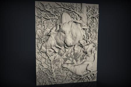 Hunting scene dogs sanglier dog and hunter cnc art frame