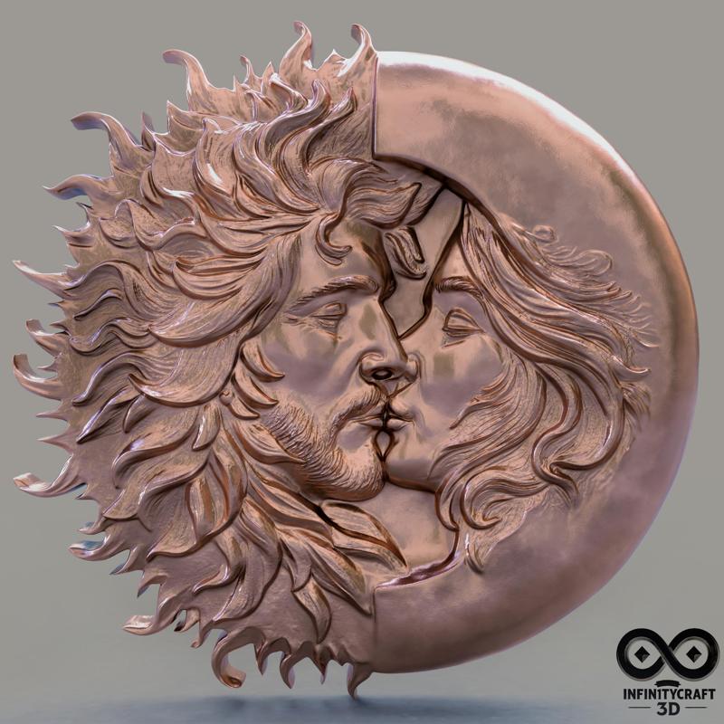Celestial Kiss Relief – Romantic Sun & Moon Lovers Wall Art for 3D Print & CNC
