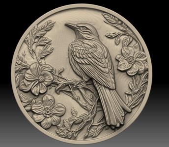 Bird and flowers coin 3D print model