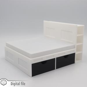 1:12 miniature Ikea Inspired bed with boxes and shelves