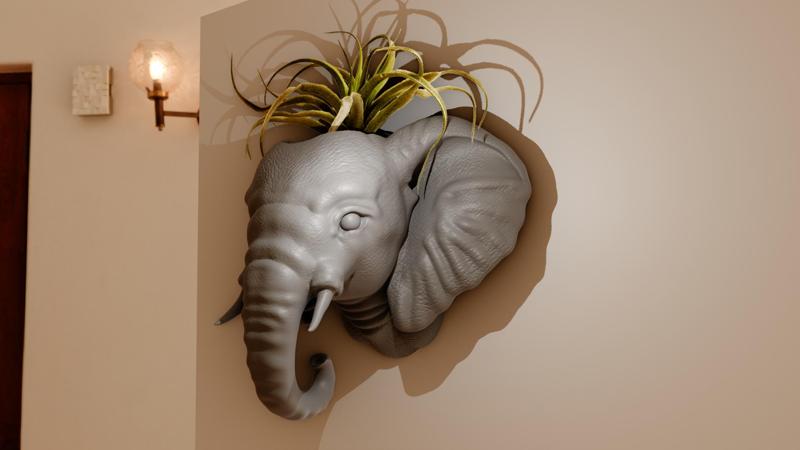 baby elephant head wall mount planter pot flower vase stl