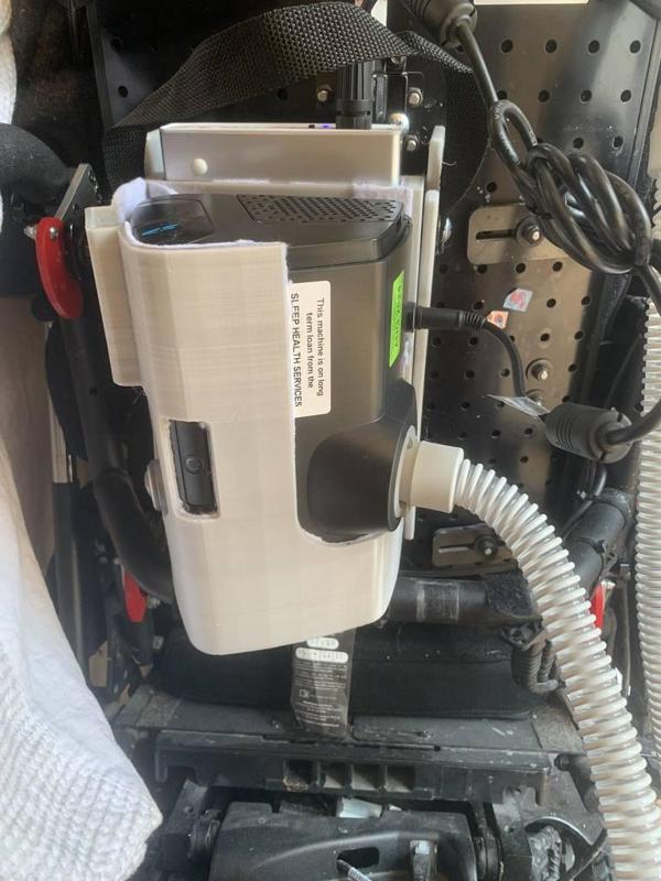 Wheelchair mount for Resmed Lumis BiPAP machine and battery. Removable. 