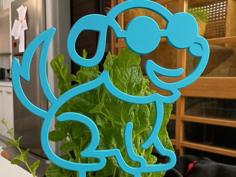 Plant marker dog wearing glasses