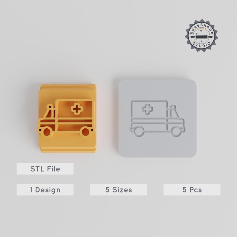 Ambulance Stamp Tile Set, 5 Sizes, Perfect for Clay, Cookies & Fondant, Emergency Van & Medical Transport Design PRODUCT_3293