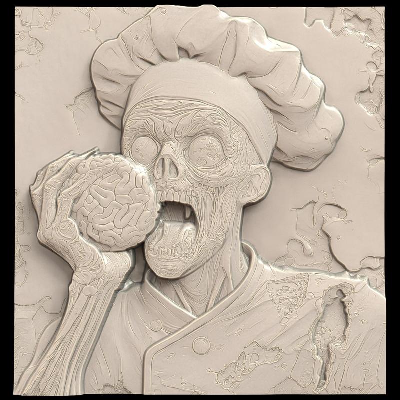 3D Model STL File for CNC Router/Laser & 3D Printer A Zombie in a Chef's Outfit Cooking Brains 2