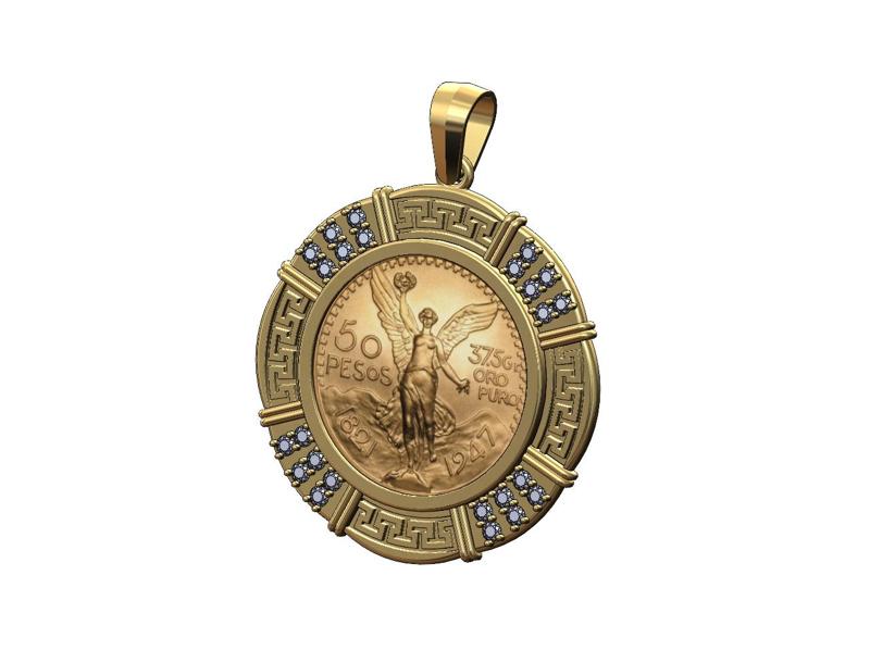Diamond 50 pesos coin pendant frame with greek key pattern 3D print model