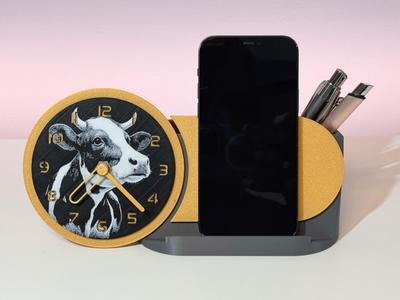 Clock with phone holder & pencil box cute Cow
