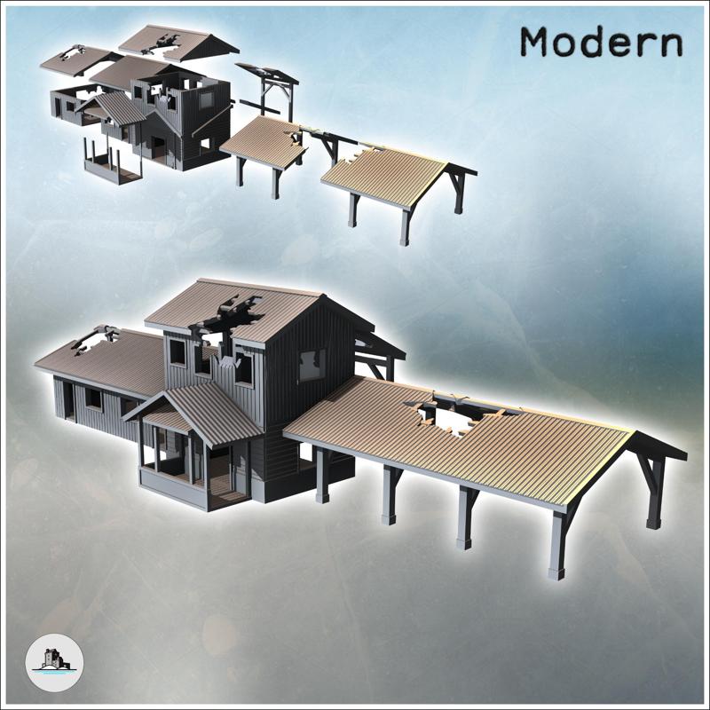 Damaged building with a central tower, tin roof, and large side awning (23) - Modern WW2 WW1 World War Diaroma Wargaming RPG Mini Hobby