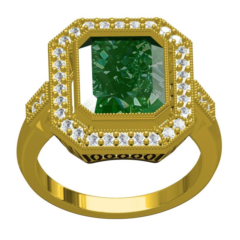 Green Emerald and Round Diamond Halo Wedding Ring for Women