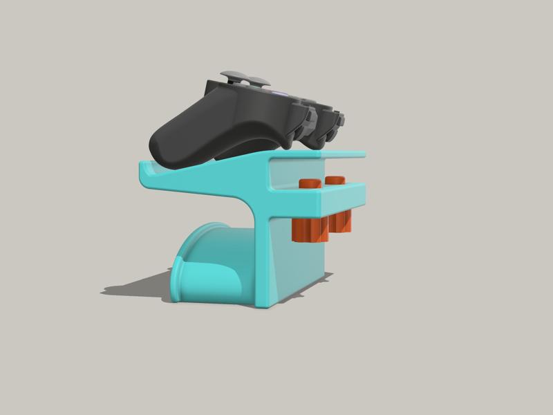 Desk clamp to house over-ear headphones with a platform for a games controller or phone.