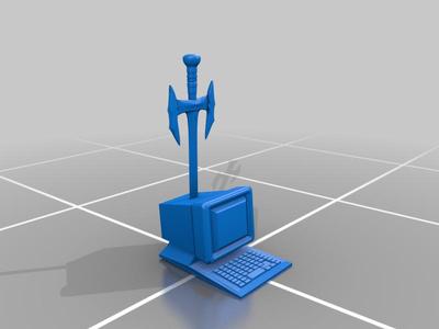 Computer with a sword through it (Desks & Day Job Logo)
