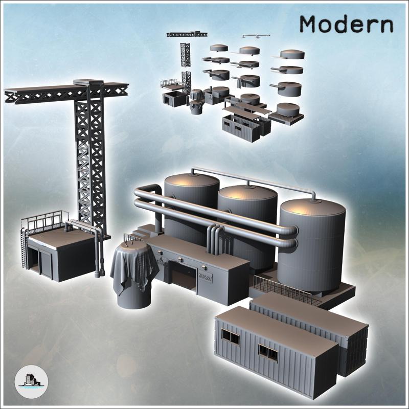 Set of industrial buildings with a crane, tank, triple tanks, and containers (18) - Modern WW2 WW1 World War Diaroma Wargaming RPG Mini Hobby