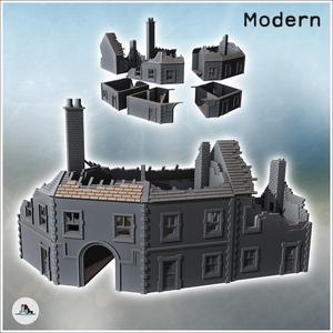 Set of two damaged buildings with a large central arch for passage, a chimney (38) - Modern WW2 WW1 World War Diaroma Wargaming RPG Mini Hobby