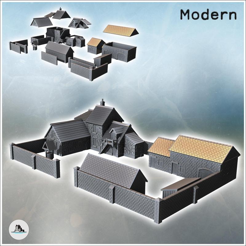 Set of rural farm with multiple buildings, barn, well, and stone enclosure walls (12) - Modern WW2 WW1 World War Diaroma Wargaming RPG Mini Hobby