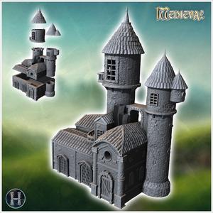 Medieval building with multiple carved doors, double towers with tiled roofs and rounded windows (18) - Medieval Gothic Feudal Old Archaic Saga 28mm 15mm RPG