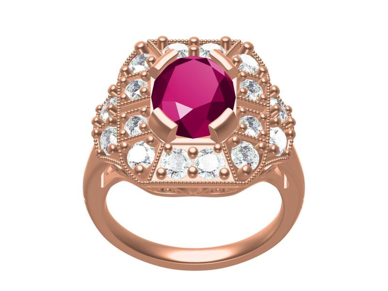 Ruby Oval Diamond Art Deco Ring