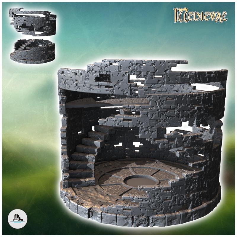 Round Stone Ruin with Internal Staircase and Patterned Floor (36) - Medieval Fantasy Magic Feudal Old Archaic Saga 28mm 15mm