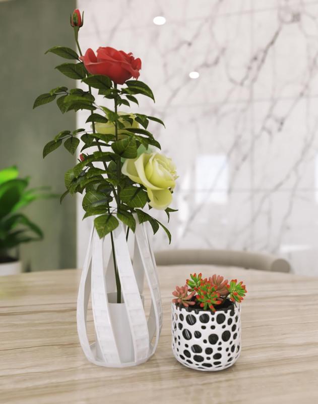 Elegant Vase with Roses and Succulent Pot (STL)