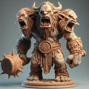 118 Three-Headed Troll - 3D-Printed Fantasy Statue with Club, character, monster, fantasy, art, sculpture, model, animal, 3d model, statue, creature, magic, 3d print, collectible, cat, wood, dragon, sword, base, warrior