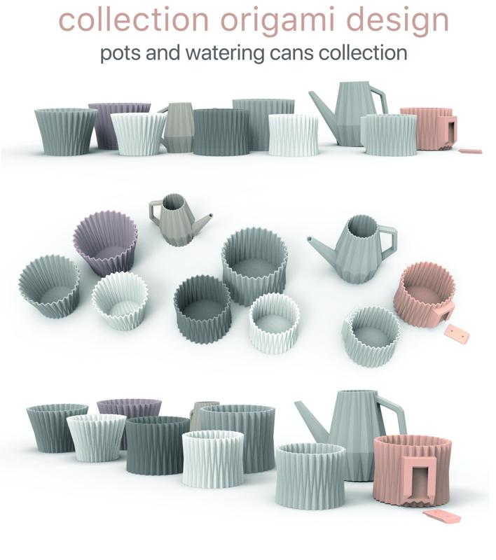 PLANTERS |  COLLECTION OF PLANTERS AND WATERING CAN WITH AN ORIGAMI INSPIRED DESIGN | PLANTERS AND WATERING CAN | WATERING CAN ORIGAMI DESIGN | WATERING CAN| CAN |ORIGAMI DESIGN | 3D MODEL STL | 3D PRINTING FILE | 3D STL FILE | GARDEN |  DECOR | PLANTERS
