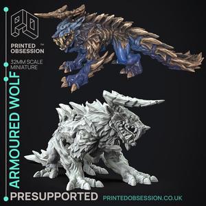 Armoured Wolf - Large Creature - Hunting Party -  PRESUPPORTED - Illustrated and Stats - 32mm scale