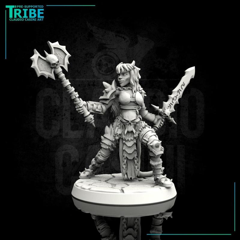 (0007) Female human elf half-orc tiefling barbarian with sword and axe