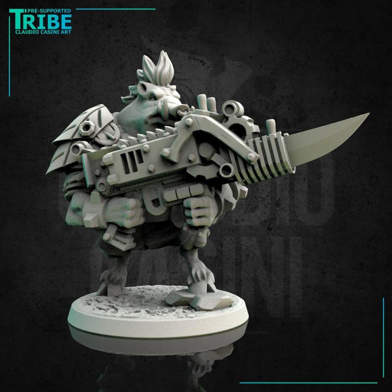 (0148) Male post apocalyptic mutant boar with rifle heavy cannon