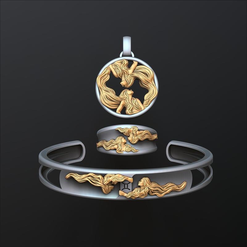 Zodiac Horoscope Gemini ring pendant bracelet collection 3D print model
