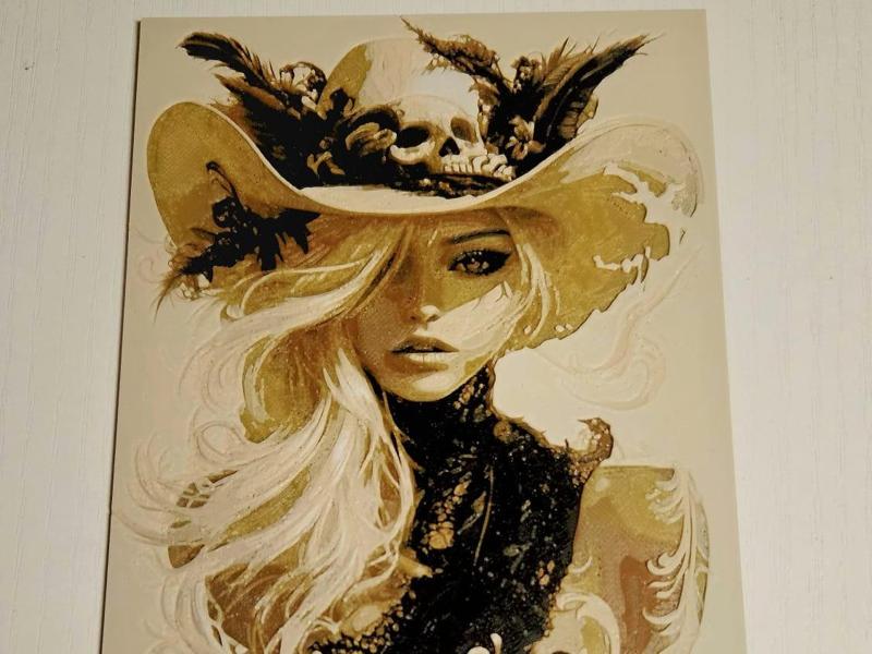 Woman with cowboy hat and skulls