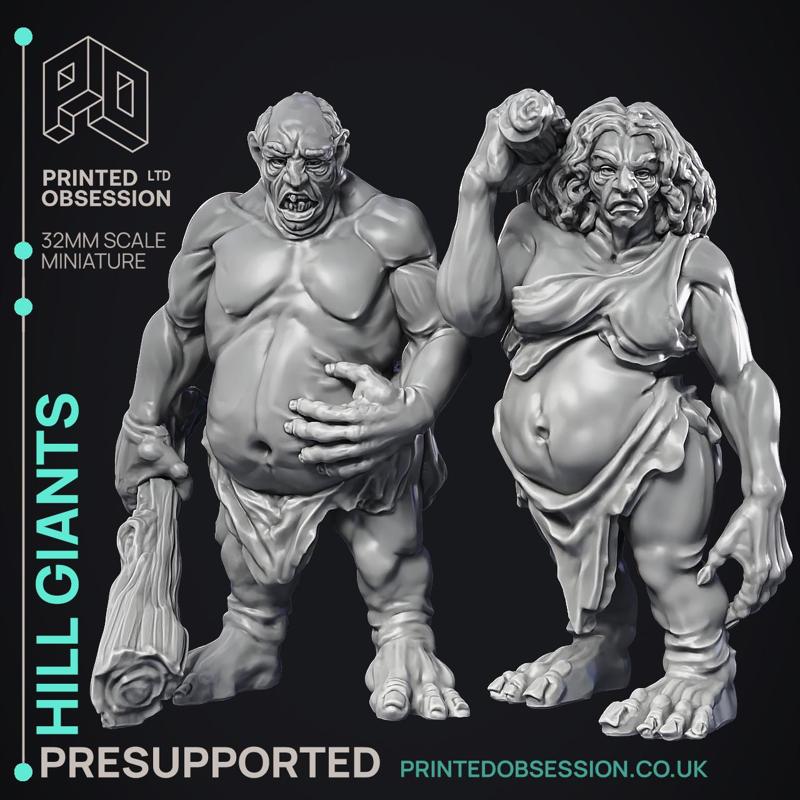 Hill Giants - Giants and The Harbinger - PRESUPPORTED - Illustrated and Stats - 32mm scale