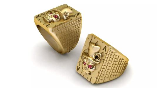Gold Skull Poker Ace Ring with Ruby Eyes