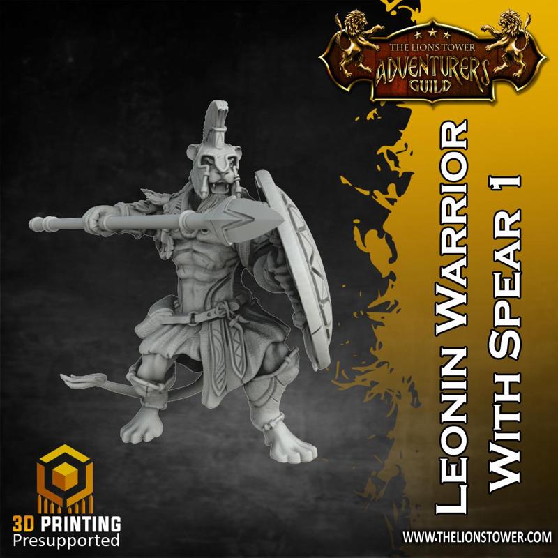 Leonin Tribe -  Warrior with Spear 1 (32mm scale, Pre-supported Miniature)