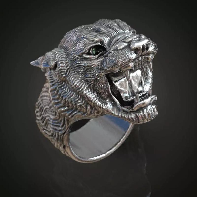 Panther Big Mens Ring with Open Mouth Detailed Wild Animal