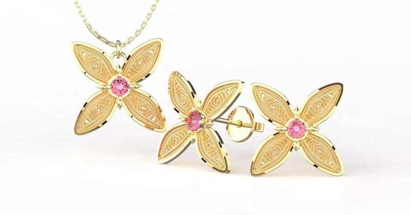 Filigree Flower Stud and Pendant 10 Asoka with stone