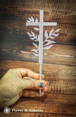 Elegant Cross and Leaf Cake Topper
