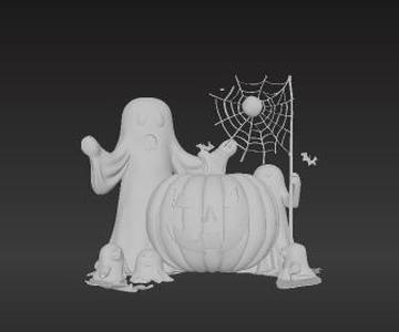 Festive Outdoor Halloween Decor Model - Traditional Jack O'Lantern, Ghosts, Web, Bats - Printable Scene
