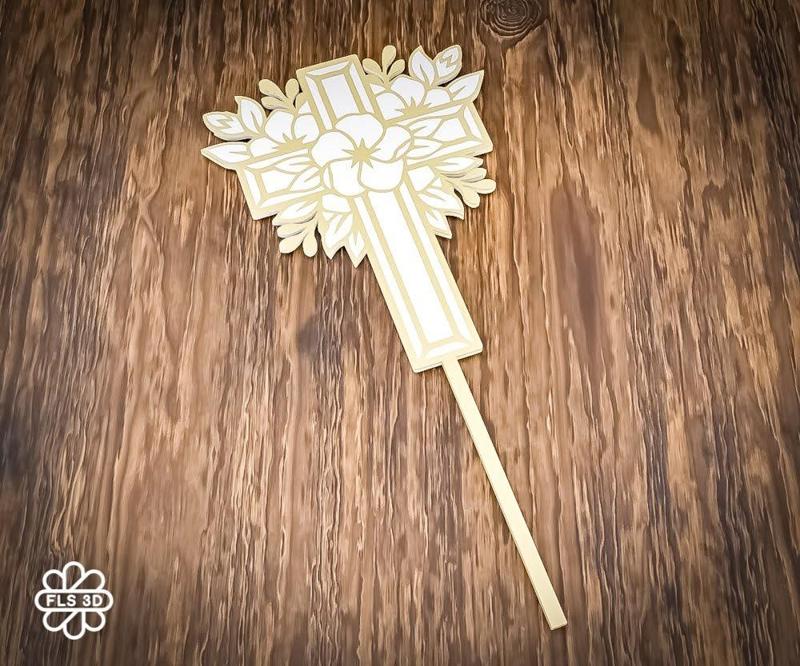 Cross with Floral Wreath Cake Topper | 3D Printable STL File