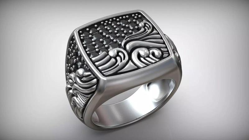 Ocean Waves Black Diamond Signet Biker Ring