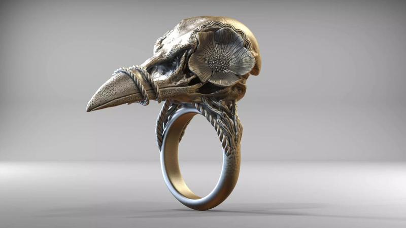 Bird Skull Ring With Flower STL 3d model for 3d printer